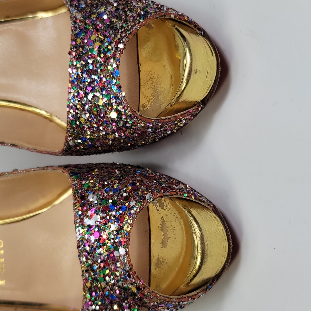 CHRISTIAN LOUBOUTIN Gold Glitter N Prive Peep-Toe Slingback 4.5" Heels / Size 38 - Picture 6 of 11